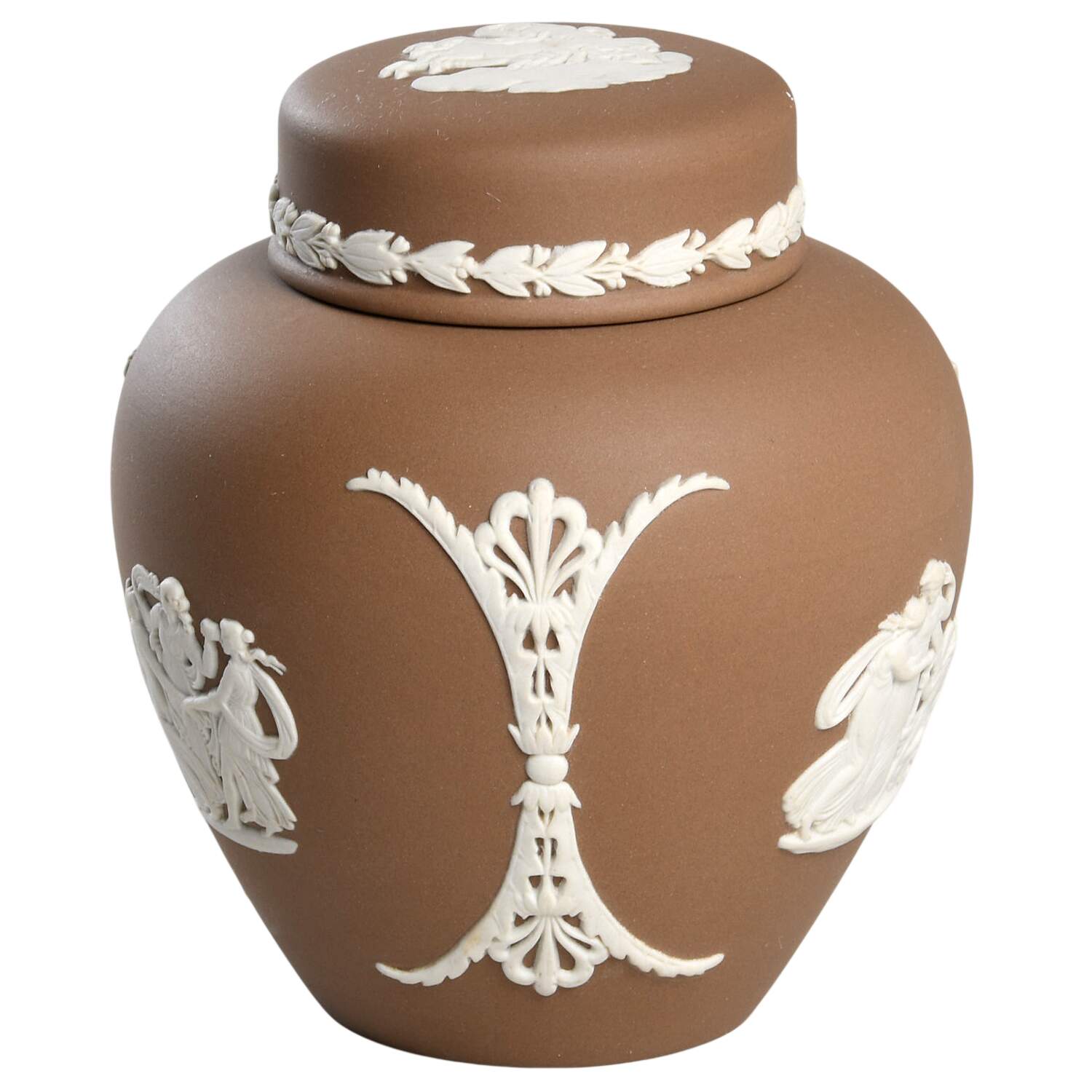 Cream Color on Taupe (Brown) Jasperware Small Ginger Jar & Lid by Wedgwood-1