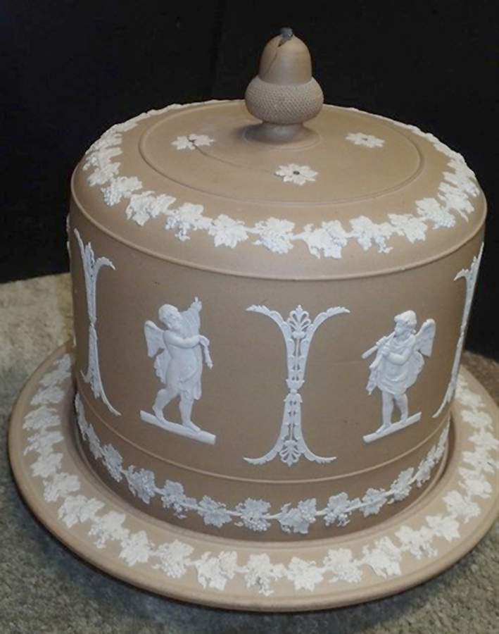 Cream Color on Taupe (Brown) Jasperware Round Cheese Dish & Lid by Wedgwood-1