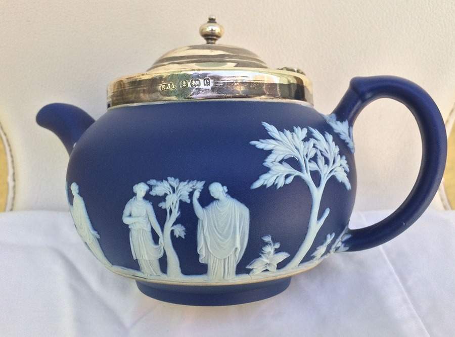 Cream Color on Wedgwood Blue Jasperware Teapot with Hinged Metal Lid by Wedgwood-1