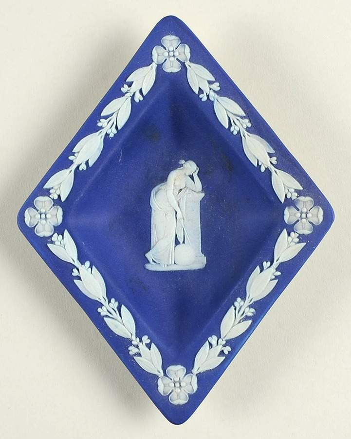 Cream Color on Wedgwood Blue Jasperware Small Diamond Shape Ashtray by Wedgwood-1