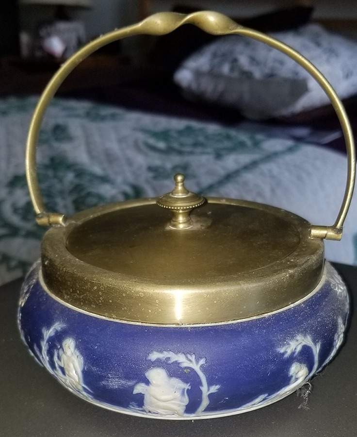 Cream Color on Wedgwood Blue Jasperware Round Covered Butter & Metal Lid by Wedgwood-1