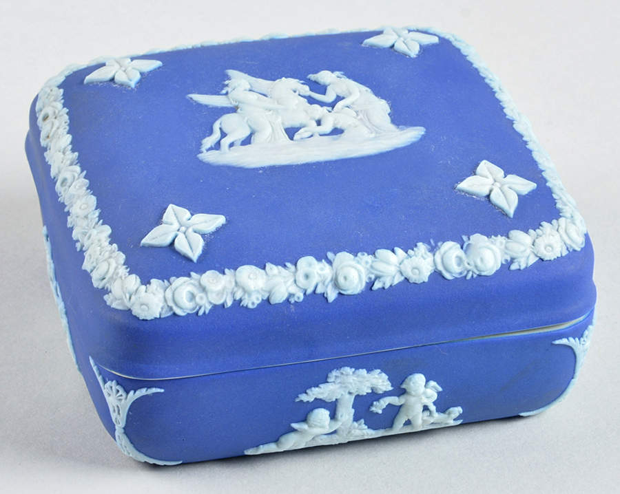Cream Color on Wedgwood Blue Jasperware Square Box with Lid by Wedgwood-1