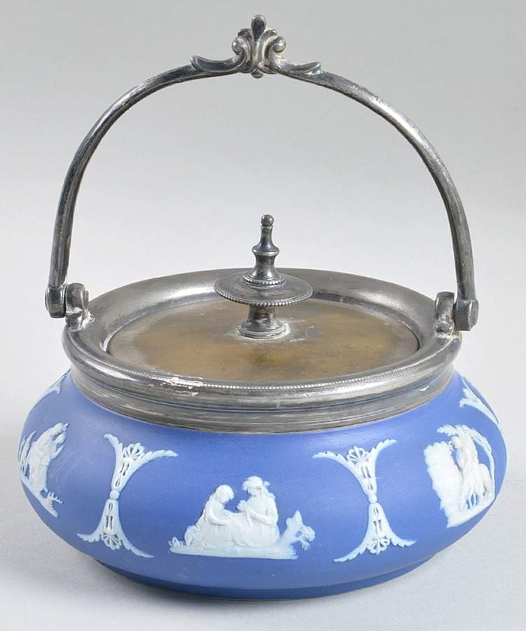 Cream Color on Wedgwood Blue Jasperware Sugar Bowl & Metal Lid by Wedgwood-1