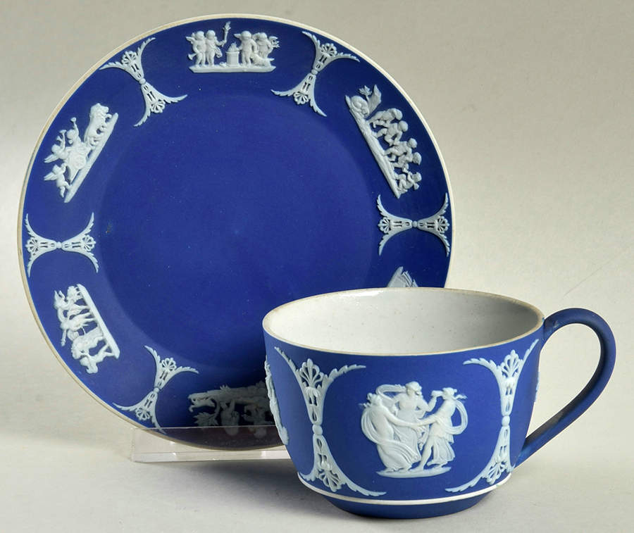 Cream Color on Wedgwood Blue Jasperware Flat Cup & Saucer Set by Wedgwood-1
