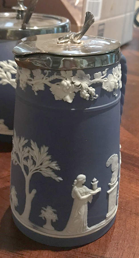 Cream Color on Wedgwood Blue Jasperware 22 Oz Trojan Jug with Metal Lid by Wedgwood-1