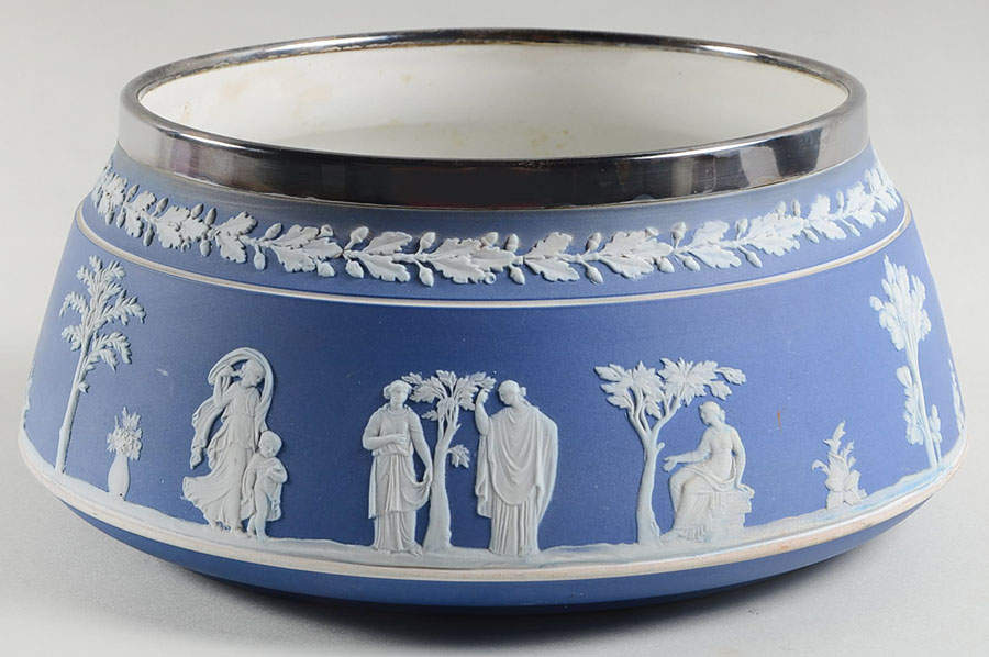 Cream Color on Wedgwood Blue Jasperware 7" Salad Serving Bowl W/Metal Rim by Wedgwood-1