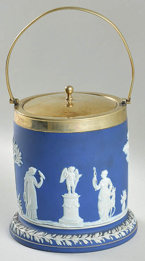 Cream Color on Wedgwood Blue Jasperware Biscuit Barrel & Lid by Wedgwood-1
