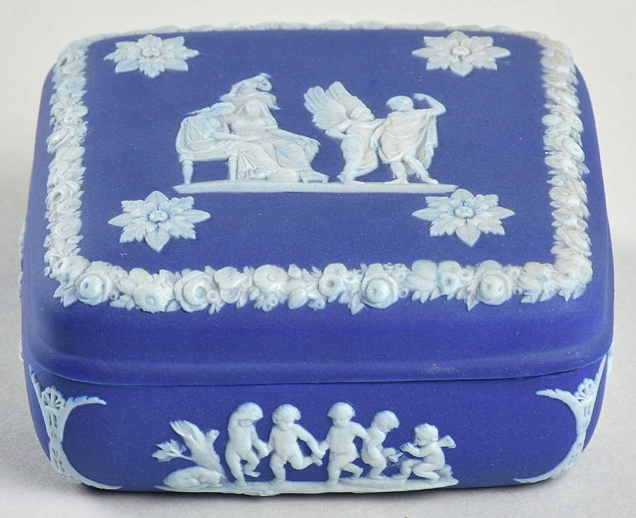 Cream Color on Wedgwood Blue Jasperware Square Box with Lid by Wedgwood-1