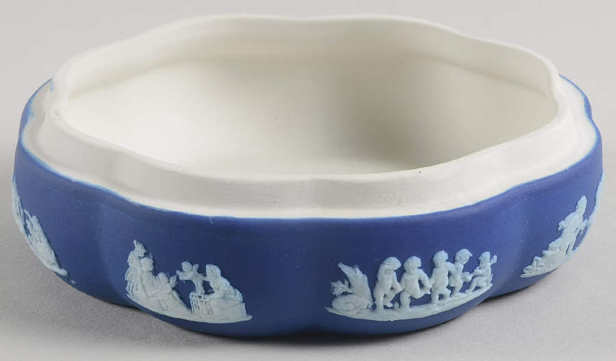 Cream Color on Wedgwood Blue Jasperware Large Scalloped Candy Box-No Lid by Wedgwood-1