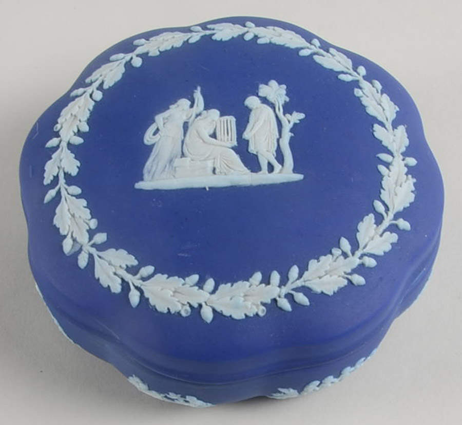 Cream Color on Wedgwood Blue Jasperware Large Scalloped Candy Box & Lid by Wedgwood-1
