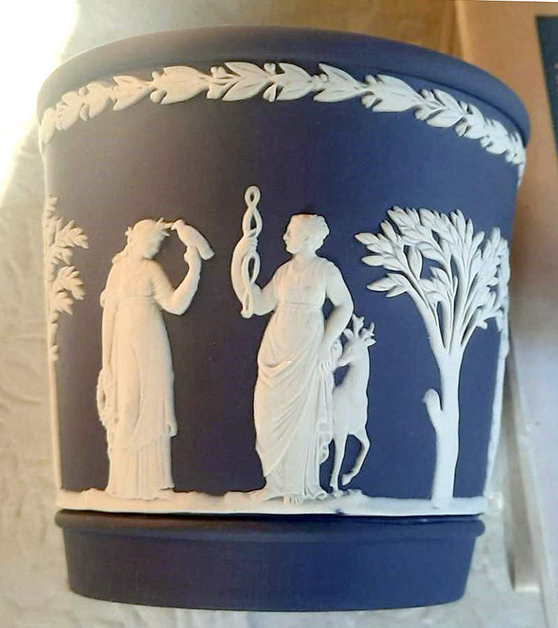 Cream Color on Wedgwood Blue Jasperware 3" Brewster Jardiniere by Wedgwood-1