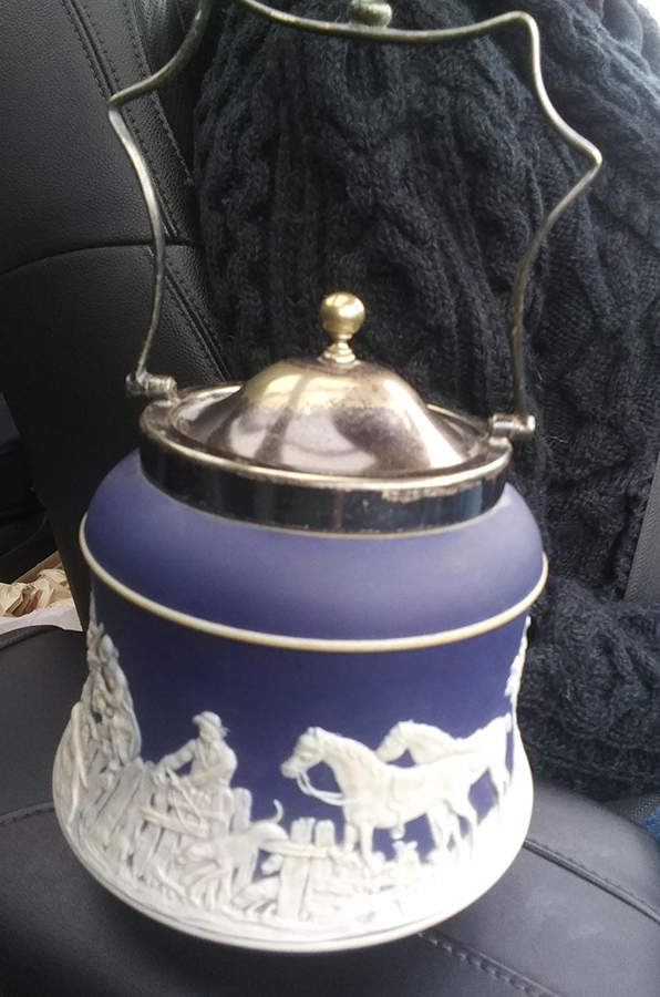 Cream Color on Wedgwood Blue Jasperware Biscuit Barrel & Lid by Wedgwood-1