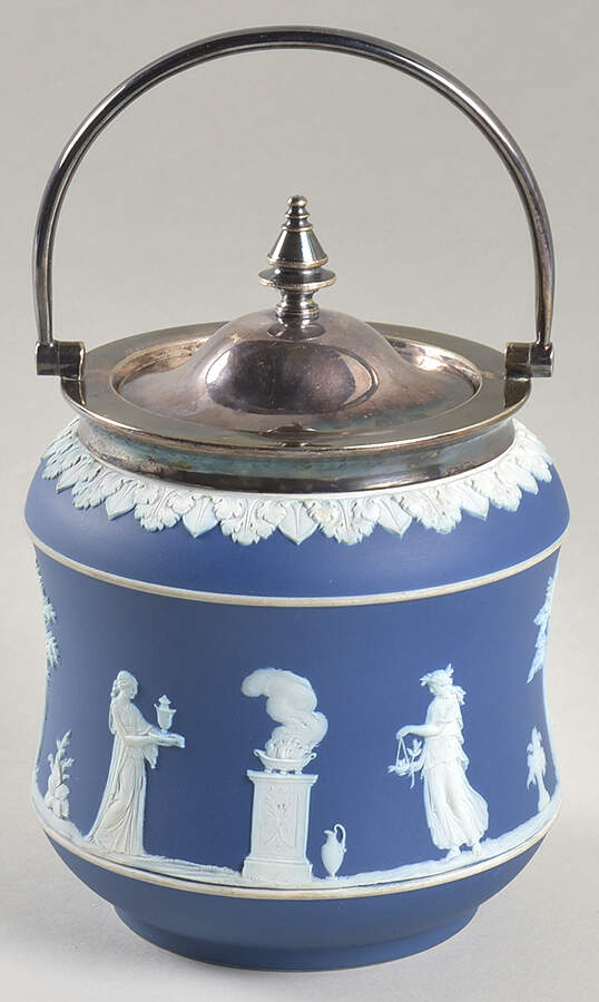 Cream Color on Wedgwood Blue Jasperware Biscuit Barrel & Lid by Wedgwood-1
