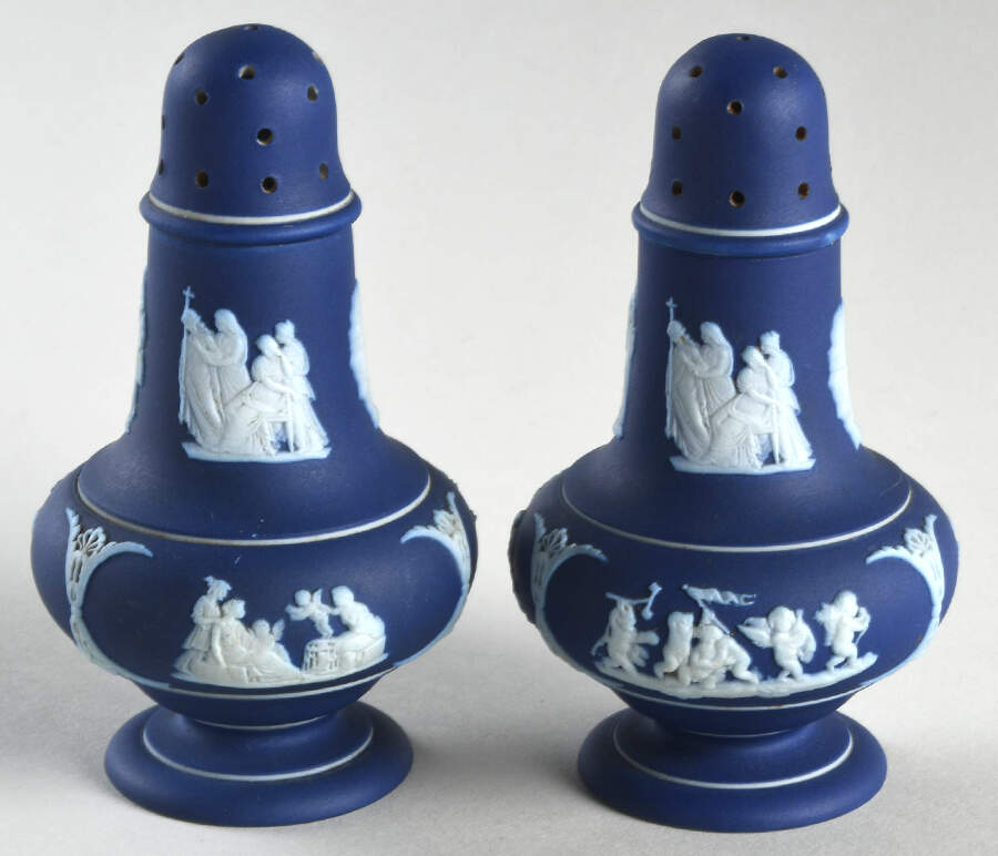 Cream Color on Wedgwood Blue Jasperware Salt & Pepper Set by Wedgwood-1