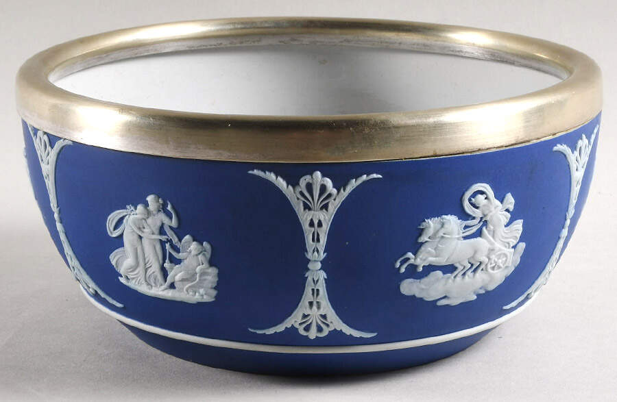 Cream Color on Wedgwood Blue Jasperware 7" Salad Serving Bowl W/Metal Rim by Wedgwood-1