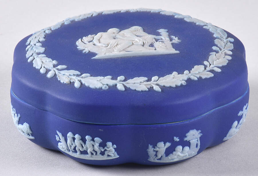 Cream Color on Wedgwood Blue Jasperware Large Scalloped Candy Box & Lid by Wedgwood-1