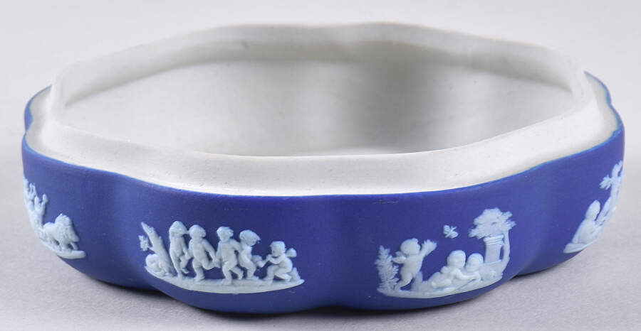 Cream Color on Wedgwood Blue Jasperware Large Scalloped Candy Box-No Lid by Wedgwood-1