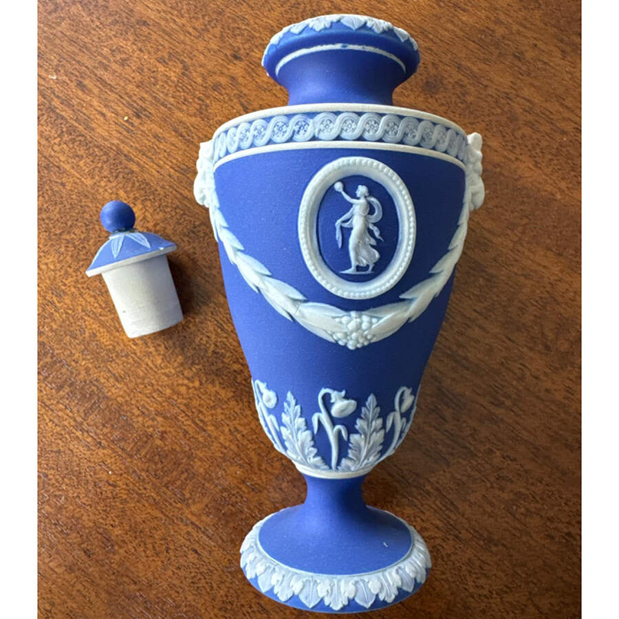 Cream Color on Wedgwood Blue Jasperware Vase/Urn with Lid by Wedgwood-1