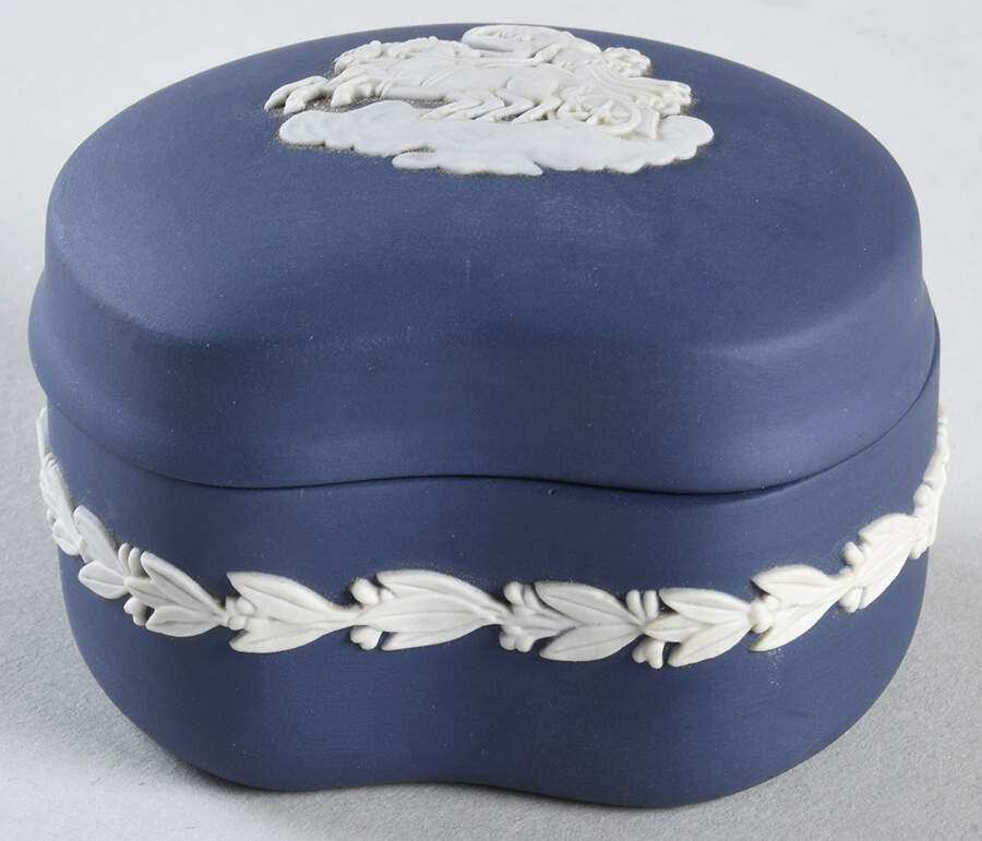 Cream Color on Wedgwood Blue Jasperware Bean Box & Lid by Wedgwood-1