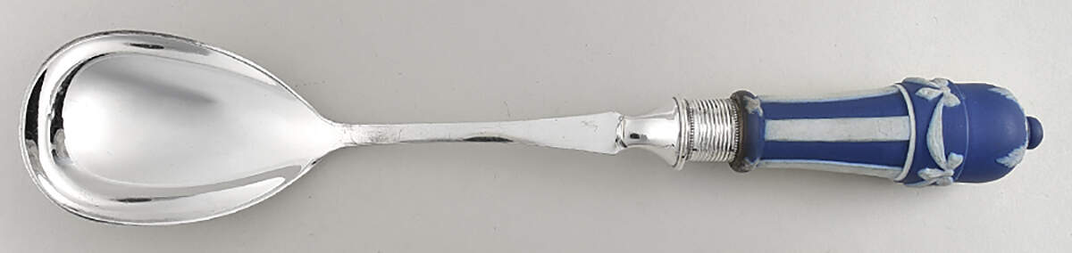 Cream Color on Wedgwood Blue Jasperware Salad Serving Spoon with Silverplate Bowl by Wedgwood-1
