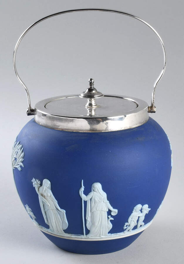 Cream Color on Wedgwood Blue Jasperware Biscuit Barrel & Lid by Wedgwood-1