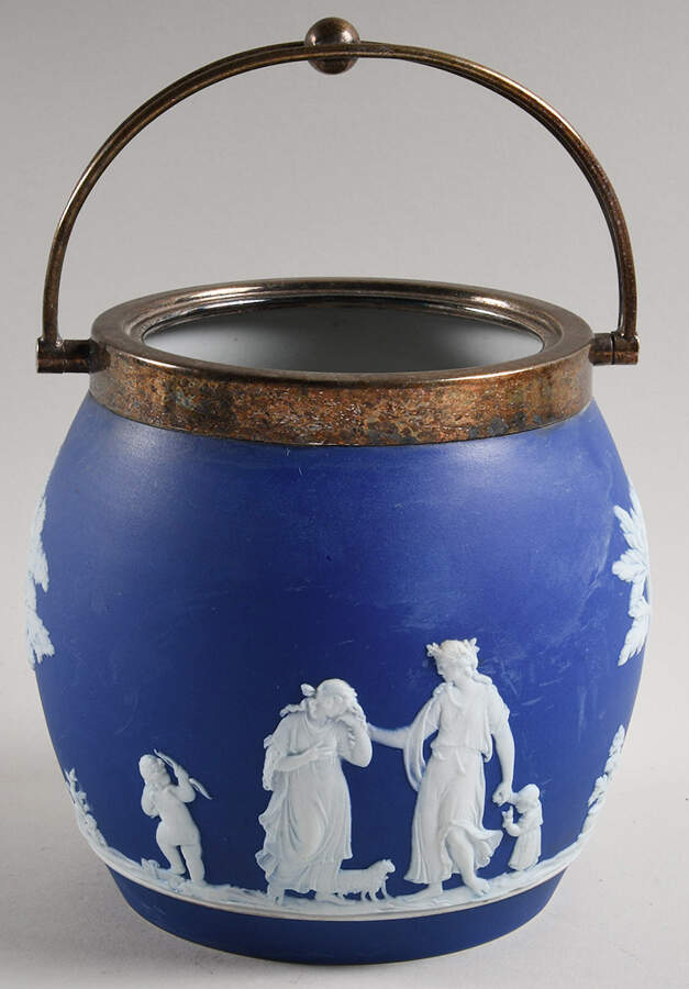 Cream Color on Wedgwood Blue Jasperware Biscuit Barrel No Lid by Wedgwood-1