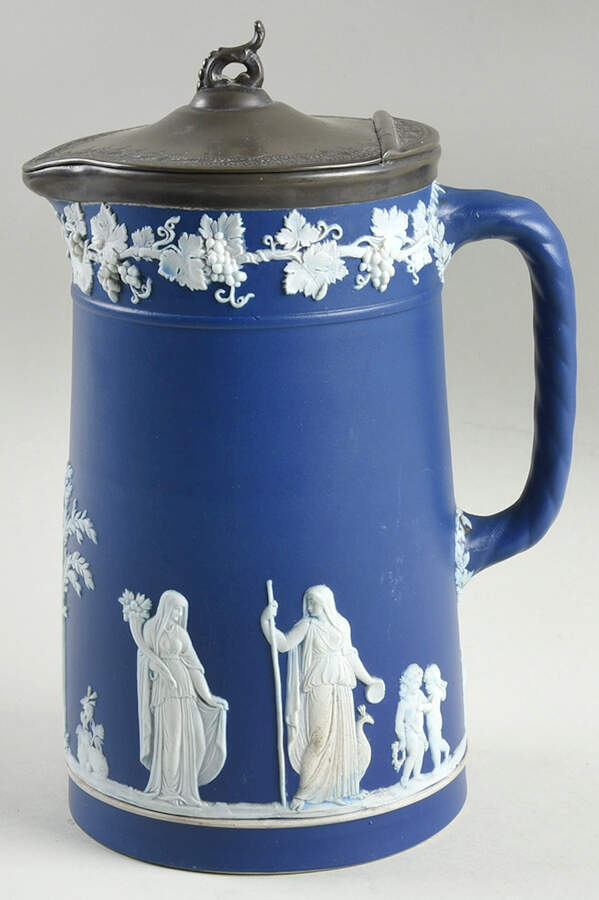 Cream Color on Wedgwood Blue Jasperware 7" Large Trojan Jug with Metal Lid by Wedgwood-1