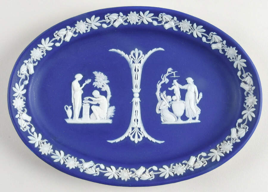 Cream Color on Wedgwood Blue Jasperware 9" Oval Tray by Wedgwood-1