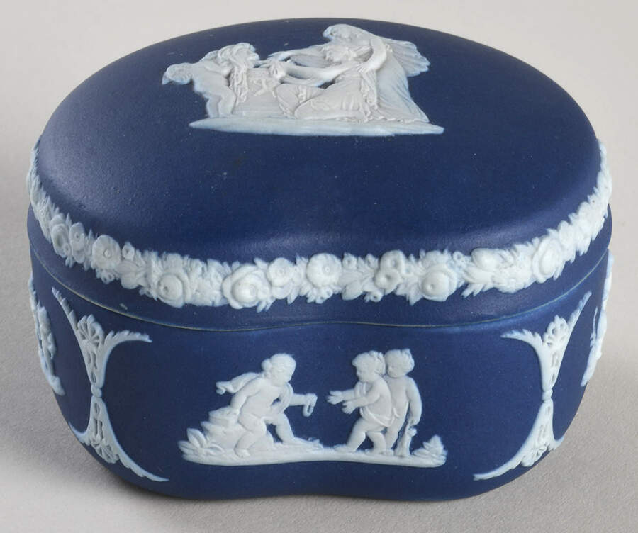 Cream Color on Wedgwood Blue Jasperware Bean Box & Lid by Wedgwood-1