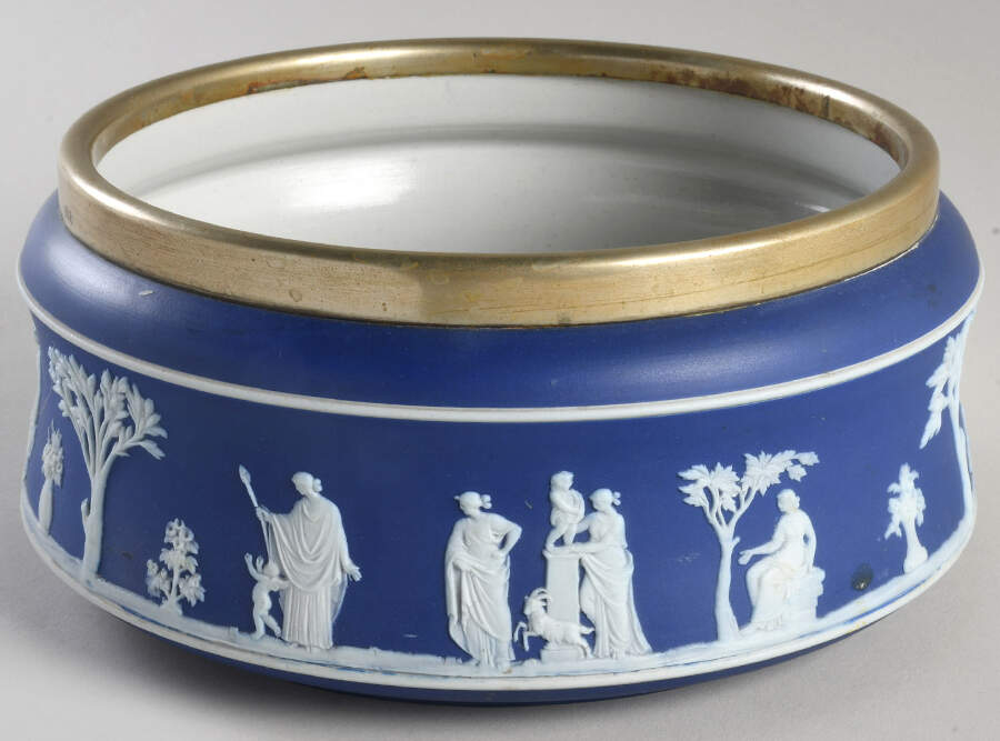 Cream Color on Wedgwood Blue Jasperware 9" Salad Serving Bowl w/Metal Rim by Wedgwood-1