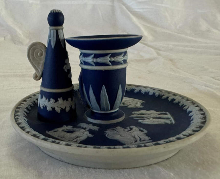 Cream Color on Wedgwood Blue Jasperware 2" Winster Candlestick & Candle Snuffer Set by Wedgwood-1