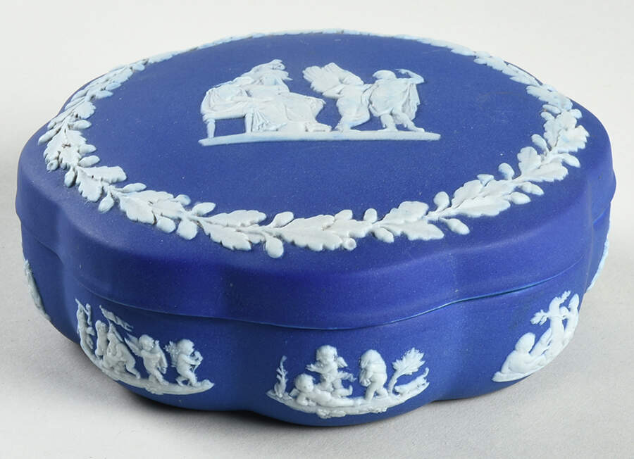 Cream Color on Wedgwood Blue Jasperware Large Scalloped Candy Box & Lid by Wedgwood-1