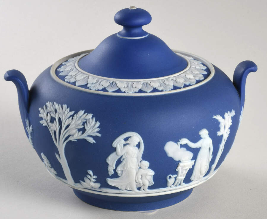 Cream Color on Wedgwood Blue Jasperware Sugar Bowl & Lid by Wedgwood-1