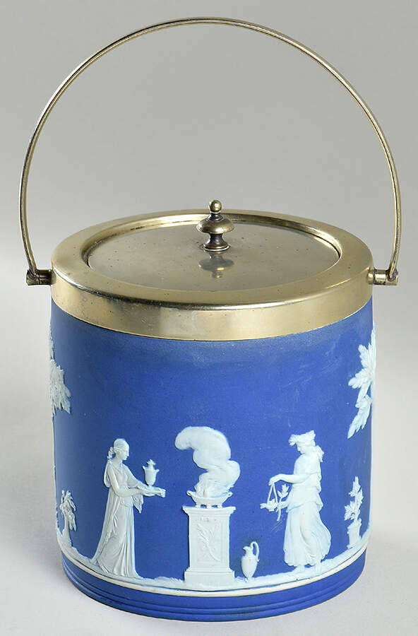 Cream Color on Wedgwood Blue Jasperware Biscuit Barrel & Lid by Wedgwood-1