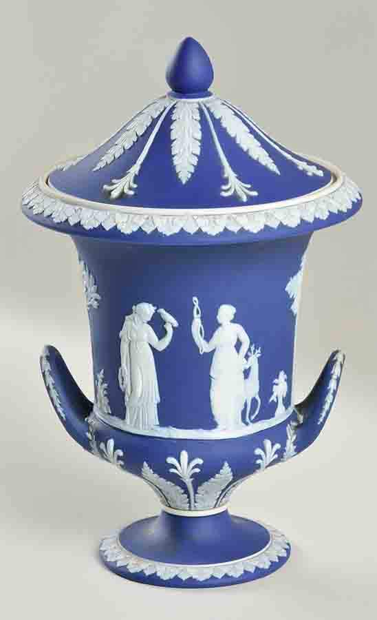 Cream Color on Wedgwood Blue Jasperware 11" Campana Vase & Lid by Wedgwood-1