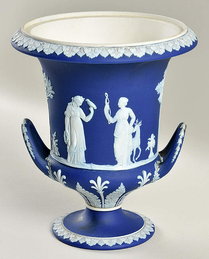 Cream Color on Wedgwood Blue Jasperware 11" Campana Vase No Lid by Wedgwood-1