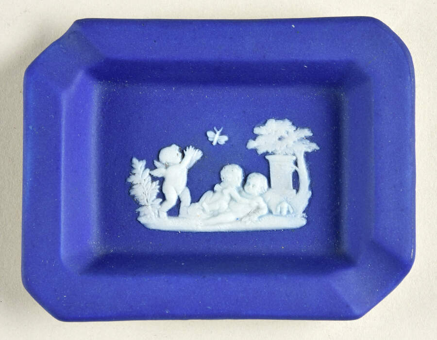 Cream Color on Wedgwood Blue Jasperware 3" Rectangular Ashtray by Wedgwood-1