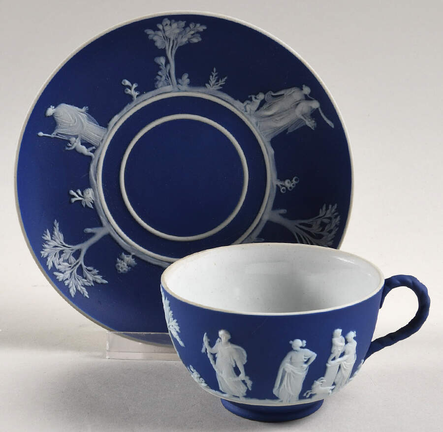 Cream Color on Wedgwood Blue Jasperware Footed Cup & Saucer Set by Wedgwood-1