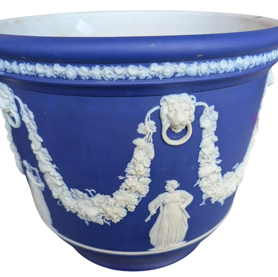 Cream Color on Wedgwood Blue Jasperware 9" Jardiniere by Wedgwood-1