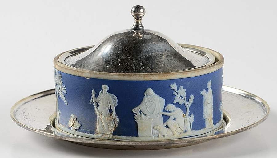 Cream Color on Wedgwood Blue Jasperware Round Covered Butter W/Metal Lid & Underplate by Wedgwood-1