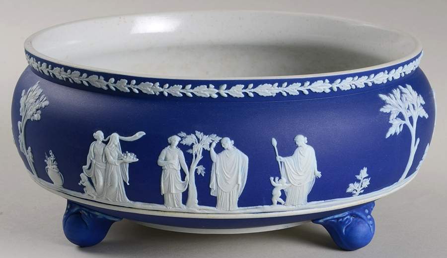 Cream Color on Wedgwood Blue Jasperware Footed Fern Bowl by Wedgwood-1