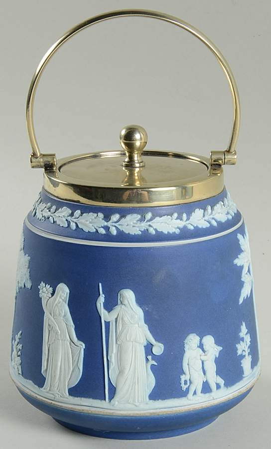 Cream Color on Wedgwood Blue Jasperware Biscuit Barrel & Lid by Wedgwood-1