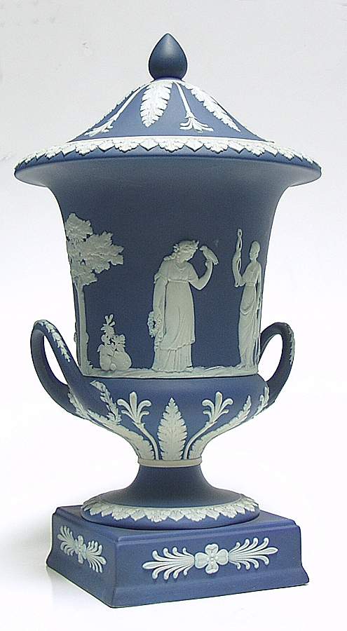 Cream Color on Wedgwood Blue Jasperware Vase/Urn & Lid by Wedgwood-1