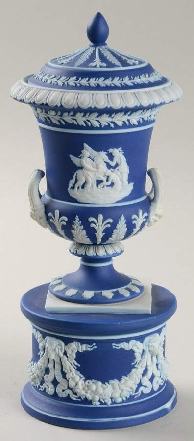 Cream Color on Wedgwood Blue Jasperware 7" Campana Vase on Drum & Lid by Wedgwood-1
