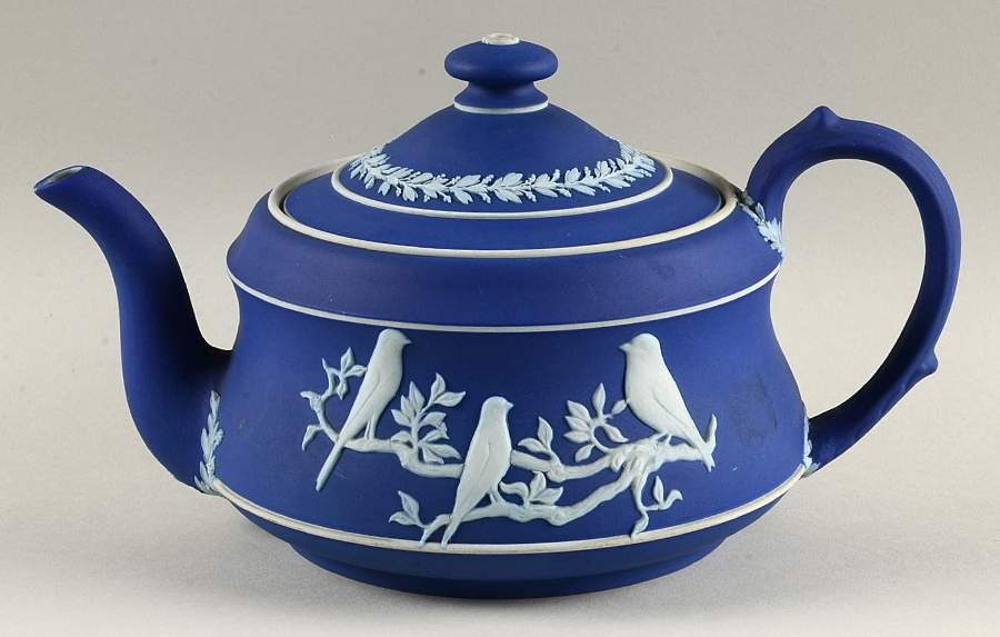 Cream Color on Wedgwood Blue Jasperware Teapot & Lid by Wedgwood-1