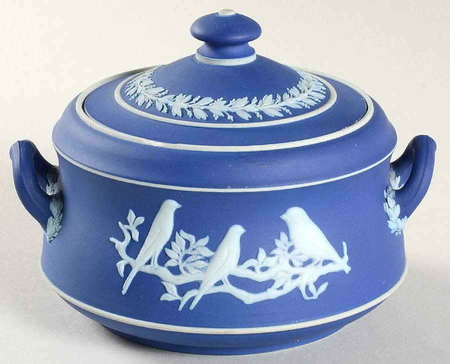 Cream Color on Wedgwood Blue Jasperware Sugar Bowl & Lid by Wedgwood-1
