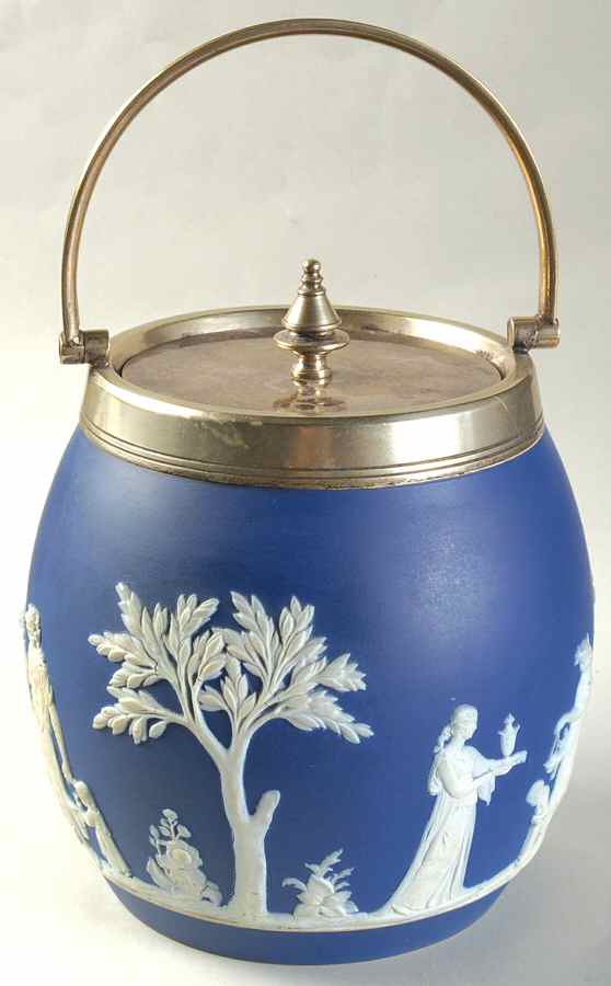 Cream Color on Wedgwood Blue Jasperware Biscuit Barrel & Lid by Wedgwood-1