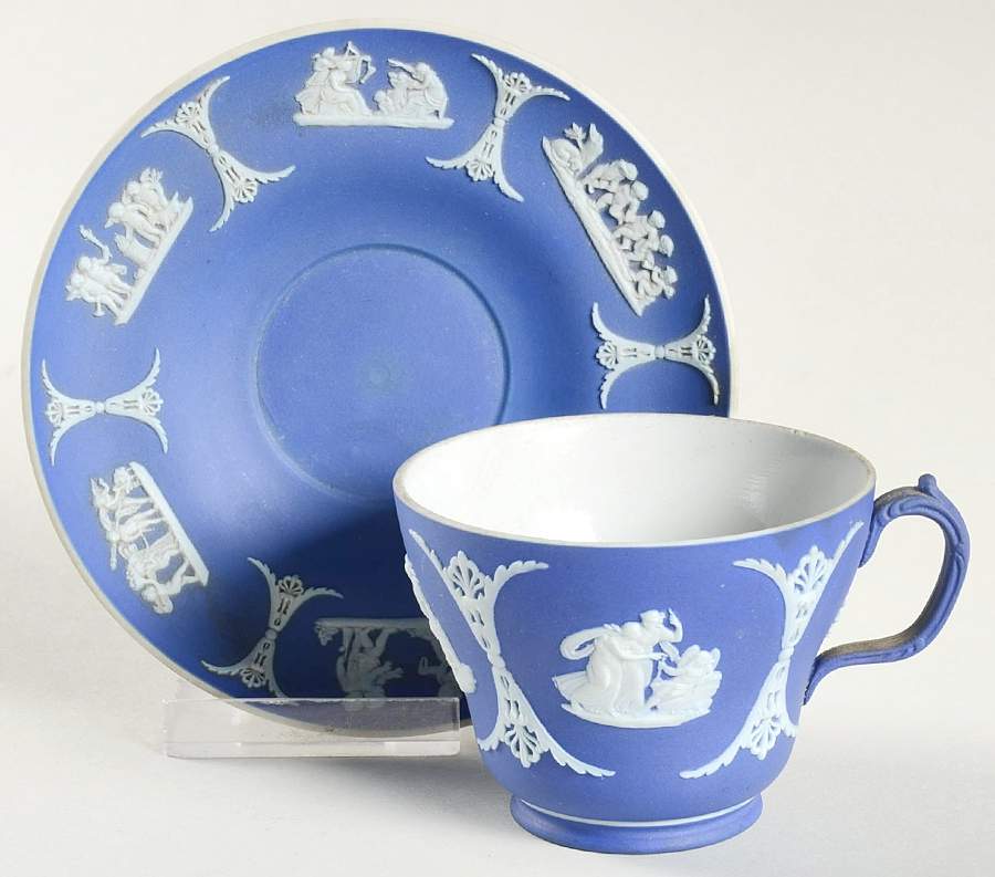 Cream Color on Wedgwood Blue Jasperware Footed Cup & Saucer Set by Wedgwood-1