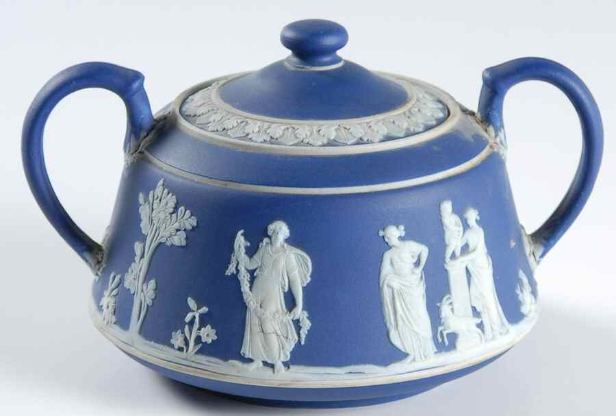 Cream Color on Wedgwood Blue Jasperware Sugar Bowl & Lid by Wedgwood-1