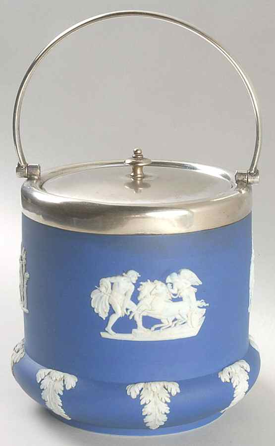 Cream Color on Wedgwood Blue Jasperware Biscuit Barrel & Lid by Wedgwood-1